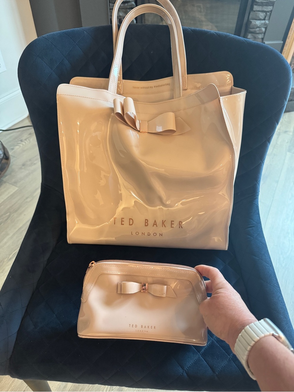 Ted Baker Nude Pink Patent Tote with Matching Cosmetic Pouch Set